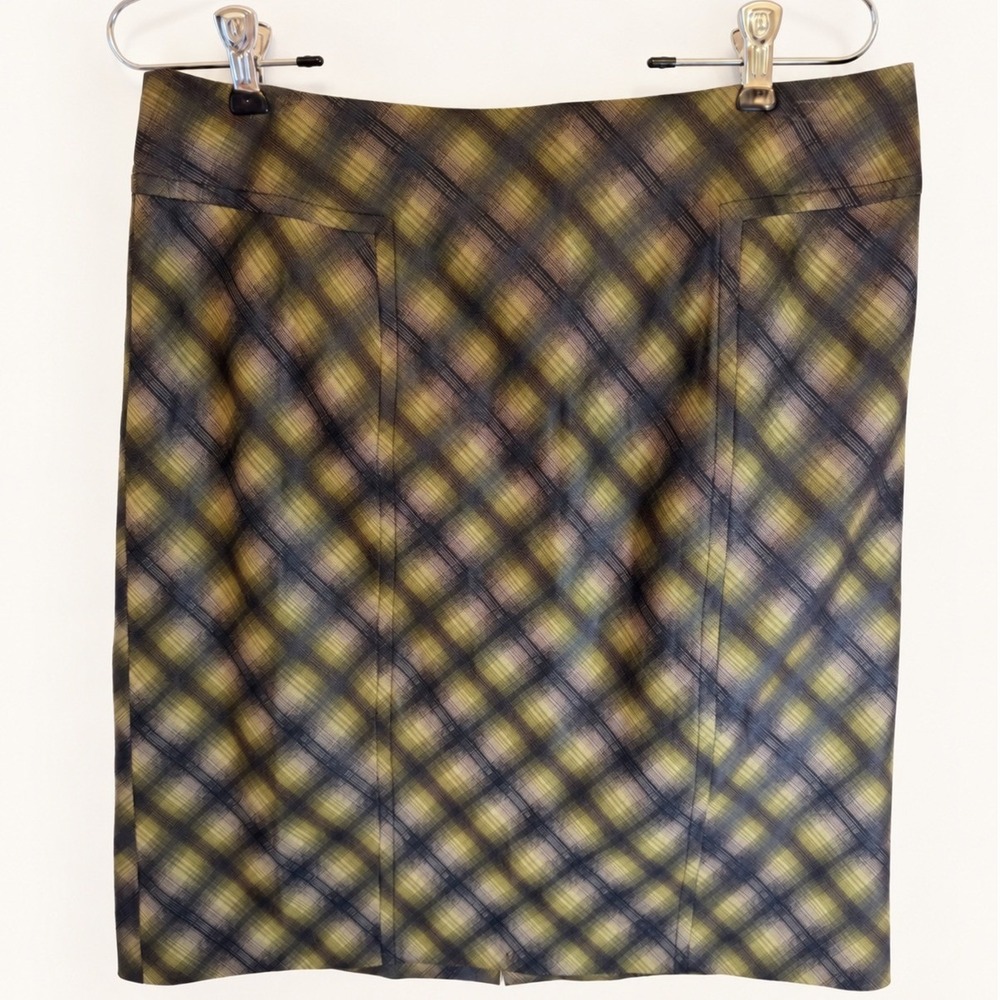 Anne Klein Pencil Skirt Green Gold Metallic Plaid Lined Size 10 Dark Academia